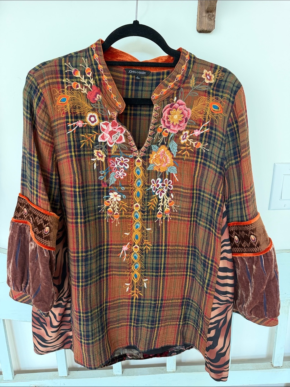 John Mark Plaid Tunic Top with Floral Embroidery - Rust Multi